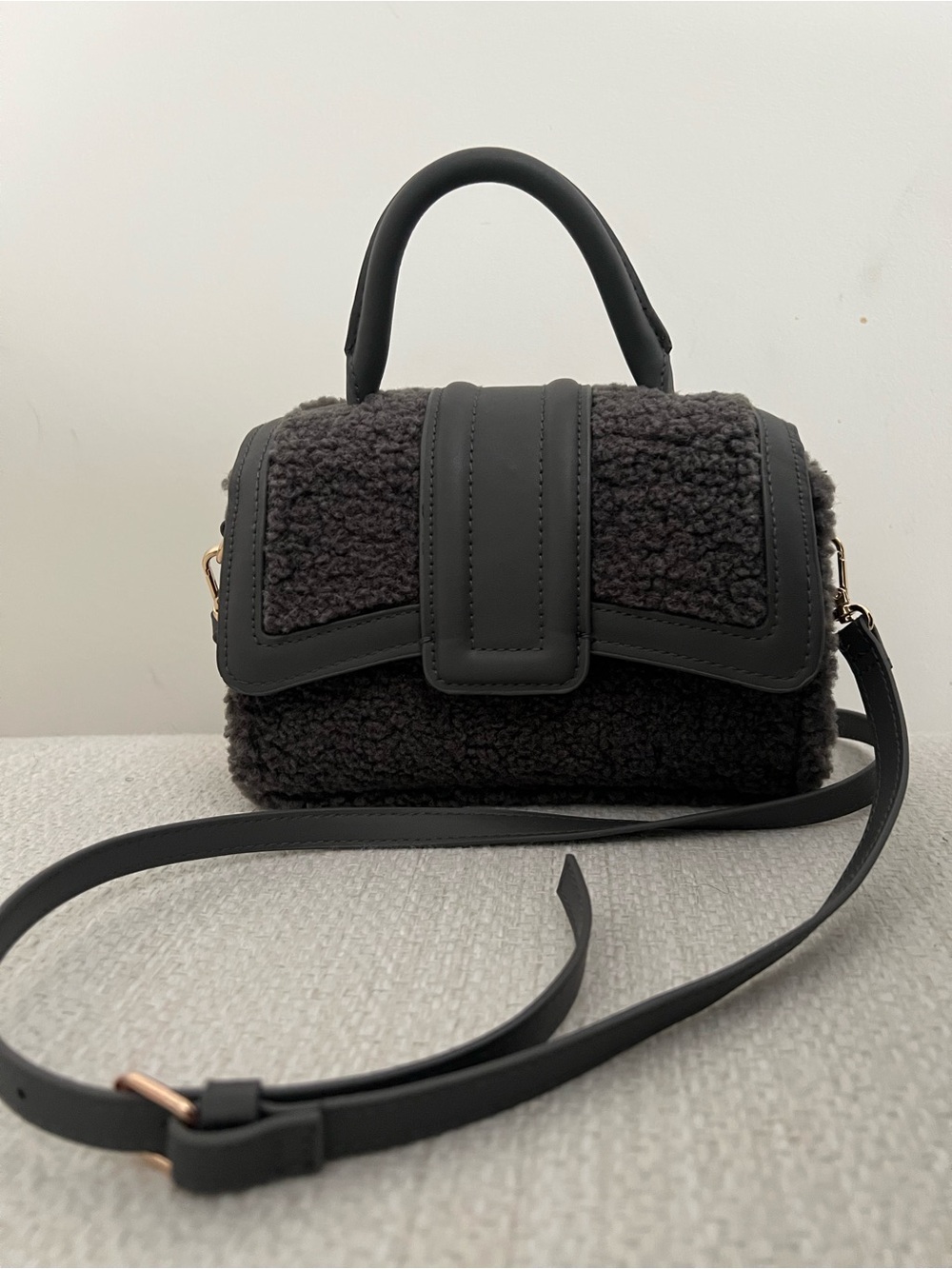 H&M Charcoal Shearling Mini Top-Handle Crossbody Bag